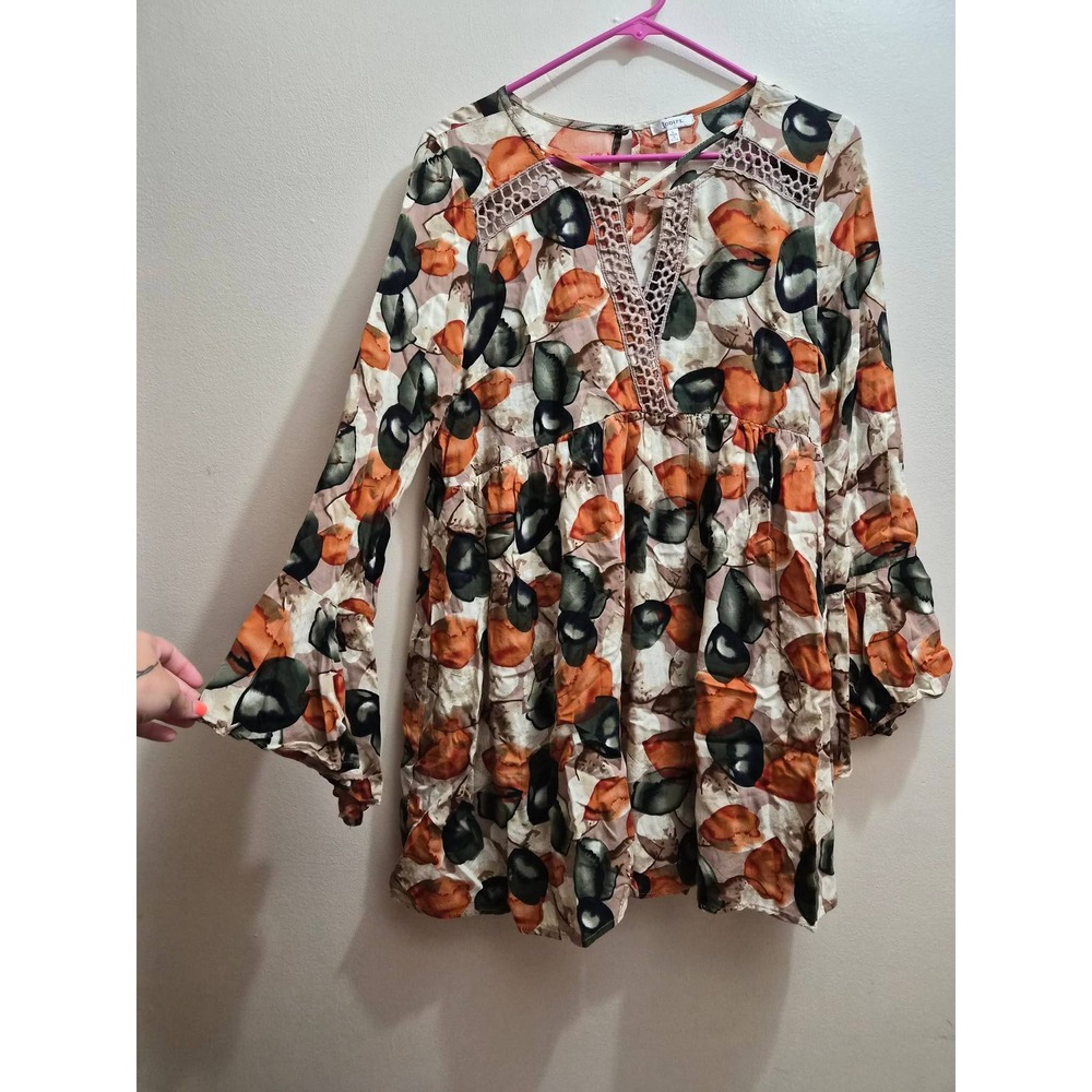 Jodifl Womens Boho Fall Tunic Top Orange Green Leaf Print Ruffle Sleeve Large